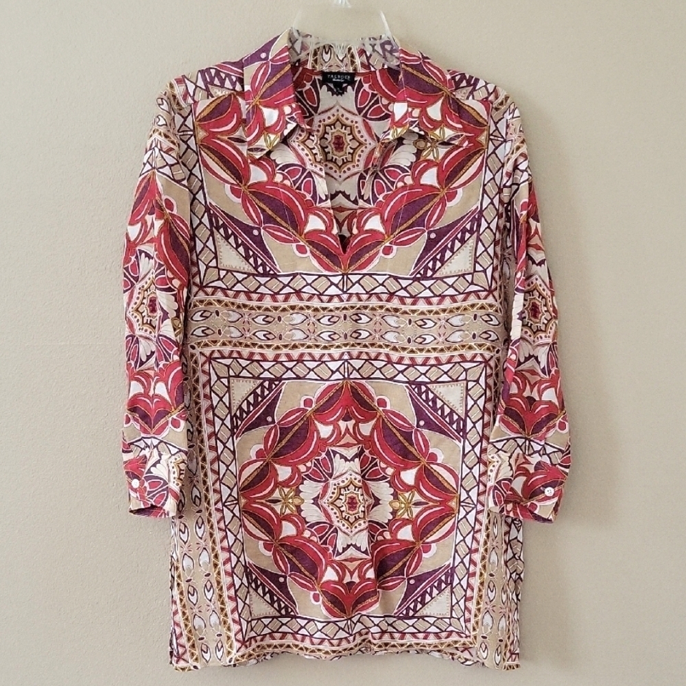 Talbots Womens Linen Silk Boho Medallion Tunic Blouse - Size 8